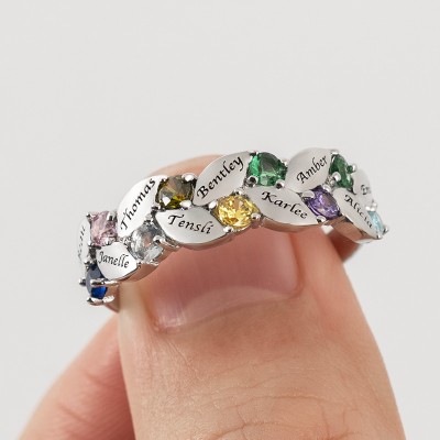 S925 Silver Personalized Heart Birthstone Ring Family Ring Gift With 1-9 Names