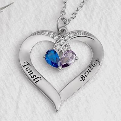 Personalised Couple Names Heart Necklace With Birthstones Valentine's Day Gifts