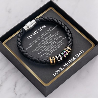 Custom To my Son Beads Black Bracelet With Name Engraved From Dad