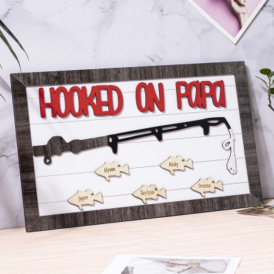 Hooked on Papa Dad Grandpa Personalized 1-10 Names Engraved Fishing Trip Gift For Him