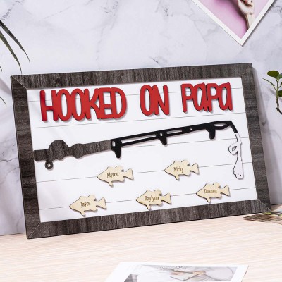 Hooked on Papa Dad Grandpa Personalized 1-10 Names Engraved Fishing Trip Gift For Him