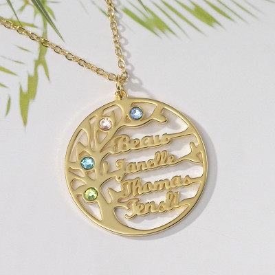 Personalized Tree-Design Family Tree Name Necklace With Birthstone