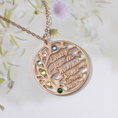 Personalized Tree-Design Family Tree Name Necklace With Birthstone