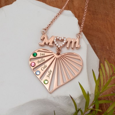 Custom Mom Heart Necklace With Kids Name and Birthstone For Mother's Day Christmas Birthday