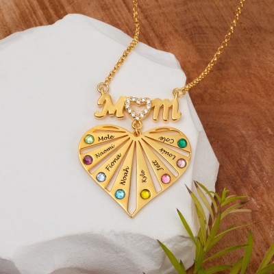 Custom Mom Heart Necklace With Kids Name and Birthstone For Mother's Day Christmas Birthday