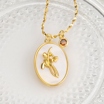 Personalized Dainty Birth Month Flower Mother Shell Gold Necklace With Birthstone For Mom