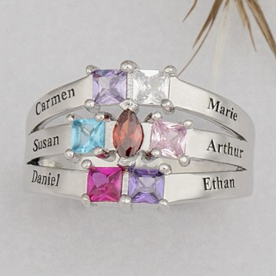 S925 Sterling Silver Custom Charlotte Center Marquise and Princess Ring with 1-6 Birthstones