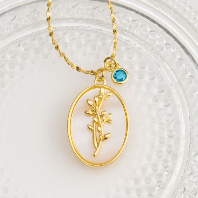 Personalized Dainty Birth Month Flower Mother Shell Gold Necklace With Birthstone For Mom