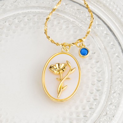 Personalized Dainty Birth Month Flower Mother Shell Gold Necklace With Birthstone For Mom