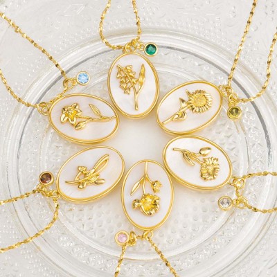 Personalized Dainty Birth Month Flower Mother Shell Gold Necklace With Birthstone For Mom