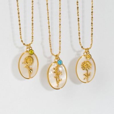 Personalized Dainty Birth Month Flower Mother Shell Gold Necklace With Birthstone For Mom