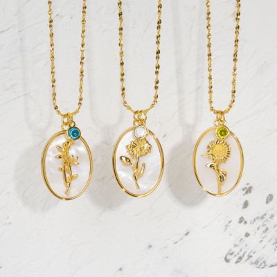 Personalized Dainty Birth Month Flower Mother Shell Gold Necklace With Birthstone For Mom