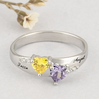 S925 Sterling Silver Double Heart Birthstone Promise Ring