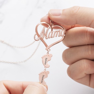 18K Rose Gold Plating Personalized Love MaMa Heart 1-10 Baby Feet Charms Name Necklace