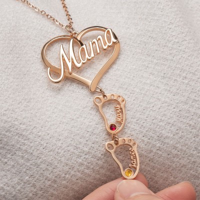 Personalized Mama Heart Pendant Birthstones Name Necklace with 1-10 Hollow BabyFeet Charms
