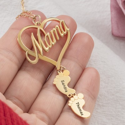 Personalized Love MaMa Heart 1-10 Baby Feet Charms Name Necklace