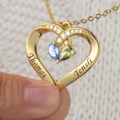 Personalised Couple Names Heart Necklace With Birthstones Valentine's Day Gifts