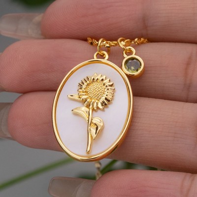 Personalized Dainty Birth Month Flower Mother Shell Gold Necklace With Birthstone For Mom