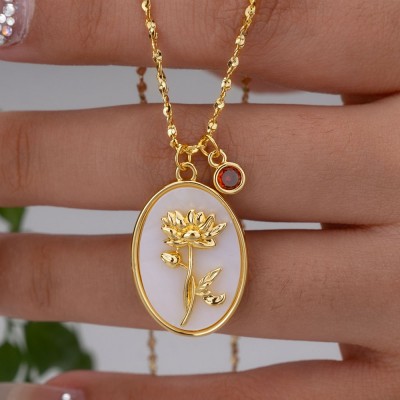 Personalized Dainty Birth Month Flower Mother Shell Gold Necklace With Birthstone For Mom