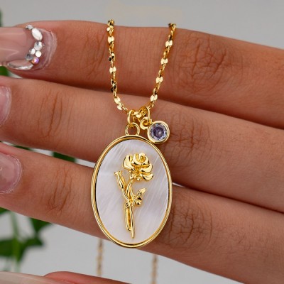 Personalized Dainty Birth Month Flower Mother Shell Gold Necklace With Birthstone For Mom