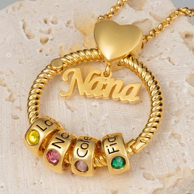 Personalised Circle Pendant Necklace with Engraved Name and Birthstone Beads For Nana Christmas Mother's Day