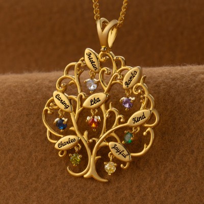 Personalised Family Tree of Life Name Necklace With Birthstone For Mother's Day Gift Ideas