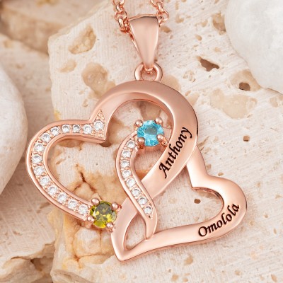 Personalised Heart Necklaces With 2 Names and Birthstone For Soulmate Girlfriend Valentine's Day Anniversary