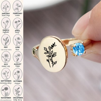 Personalized Birth Flower Ring With Birthstone December Holly