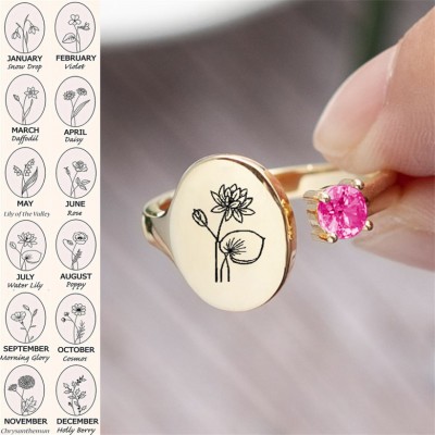 Personalized Birth Flower Ring With Birthstone July Water Lily