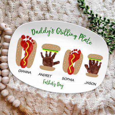 Personalized Burger Hot Dog Handprint Footprint Plate With Name For Father's Day