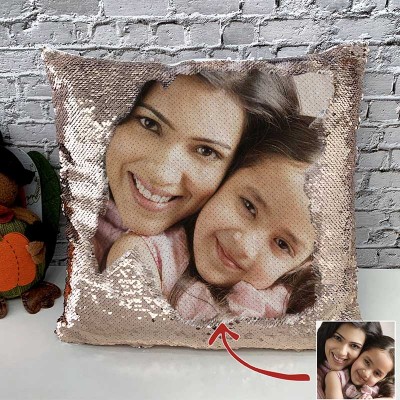 Personalized Rose Gold Sequin Photo Pillow For Mother's Day