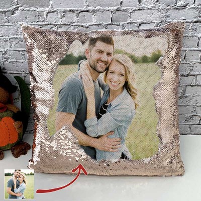 Personalized Rose Gold Sequin Photo Pillow For Couples Valentine's Day