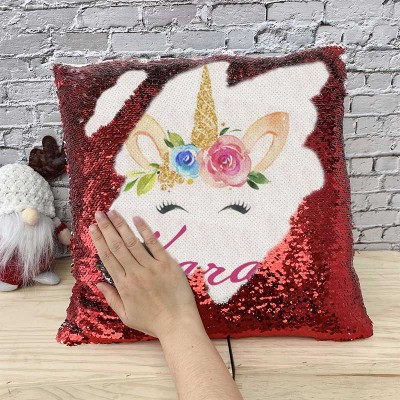 Personalized Sequin Name Red Pillow Unicorn Birthday Gift for Girls