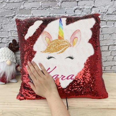 Personalized Sequin Name Red Pillow Unicorn Birthday Gift for Girls