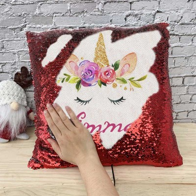 Personalized Sequin Name Red Pillow Unicorn Birthday Gift for Girls