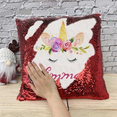 Personalized Sequin Name Red Pillow Unicorn Birthday Gift for Girls