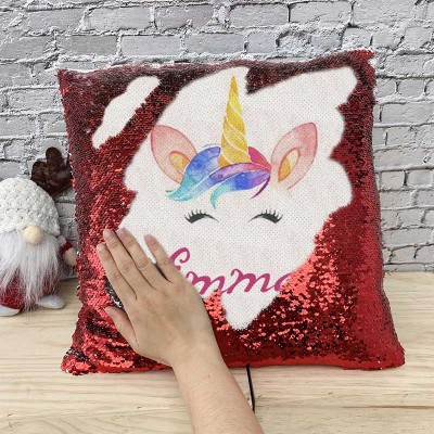 Personalized Sequin Name Red Pillow Unicorn Birthday Gift for Girls