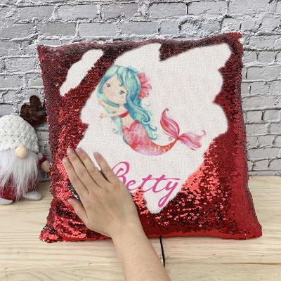 Personalized Sequin Name Red Pillow Mermaid Girl Birthday Gift