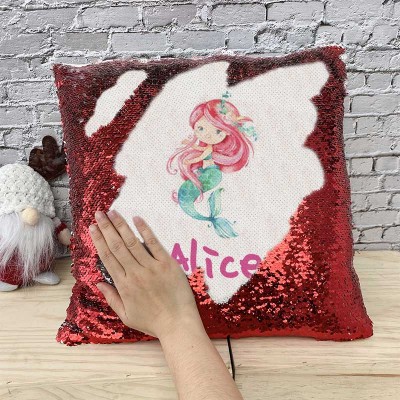 Personalized Sequin Name Red Pillow Mermaid Girl Birthday Gift