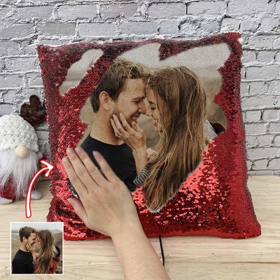 Personalized Red Sequin Photo Pillow For Couples Valentine's Day