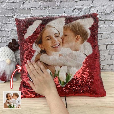 Personalized Red Sequin Photo Pillow For Mother's Day