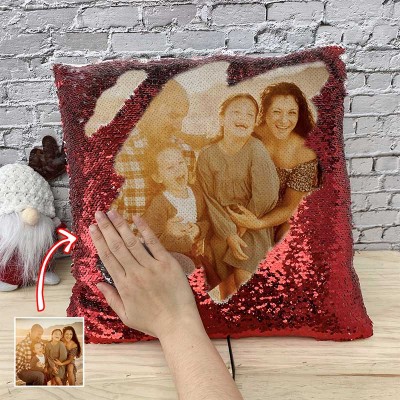 Personalized Red Sequin Photo Pillow For Family