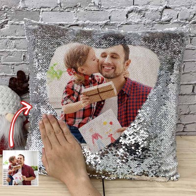 Personalized Silver Sequin Photo Pillow For Dad Father's Day
