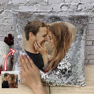 Personalized Silver Sequin Photo Pillow For Couples Valentine's Day