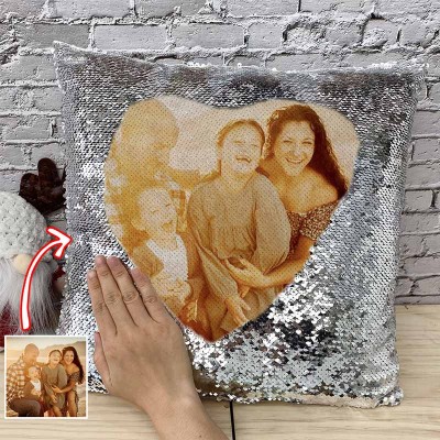 Personalized Silver Sequin Photo Pillow For Family