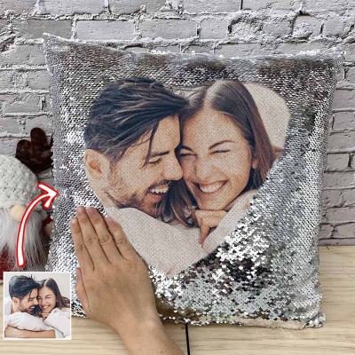 Personalized Silver Sequin Photo Pillow For Couples Valentine's Day