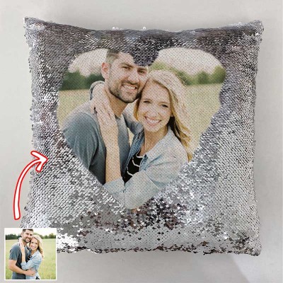 Personalized Silver Sequin Photo Pillow For Couples Valentine's Day