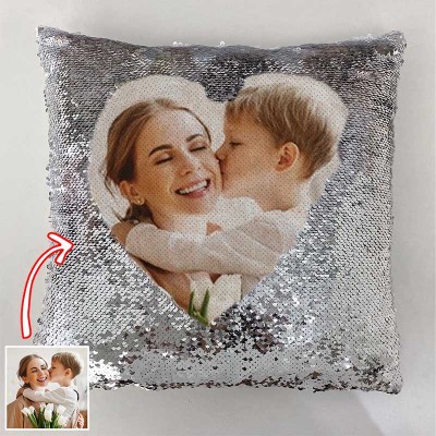 Personalized Silver Sequin Photo Pillow For Mother's Day