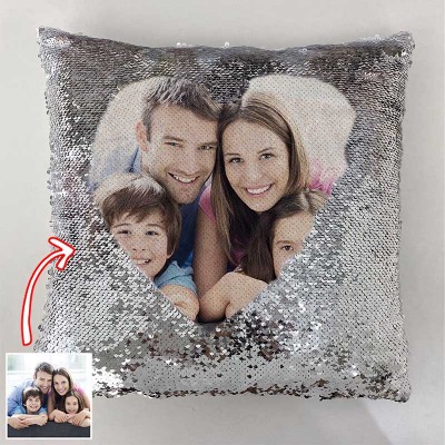 Personalized Silver Sequin Photo Pillow For Family