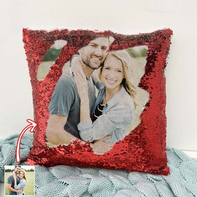 Personalized Red Sequin Photo Pillow For Couples Valentine's Day